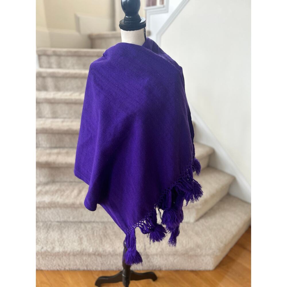 Vintage 70s Purple Pom Pom Tassel Tapestry Oversize Scarf Wrap Pashmina
